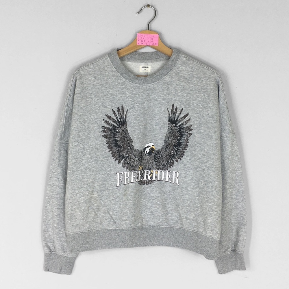 COTTON ON WOMENS SMALL OVERSIZED GREY EAGLE FREERIDER CREWNECK